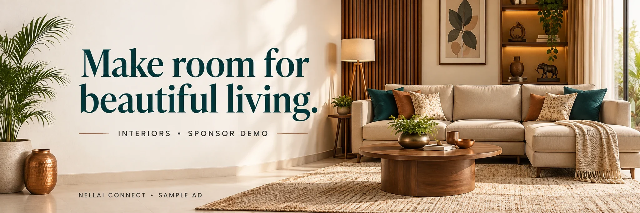 Warm living room with teal accents. Interiors sponsor demonstration.